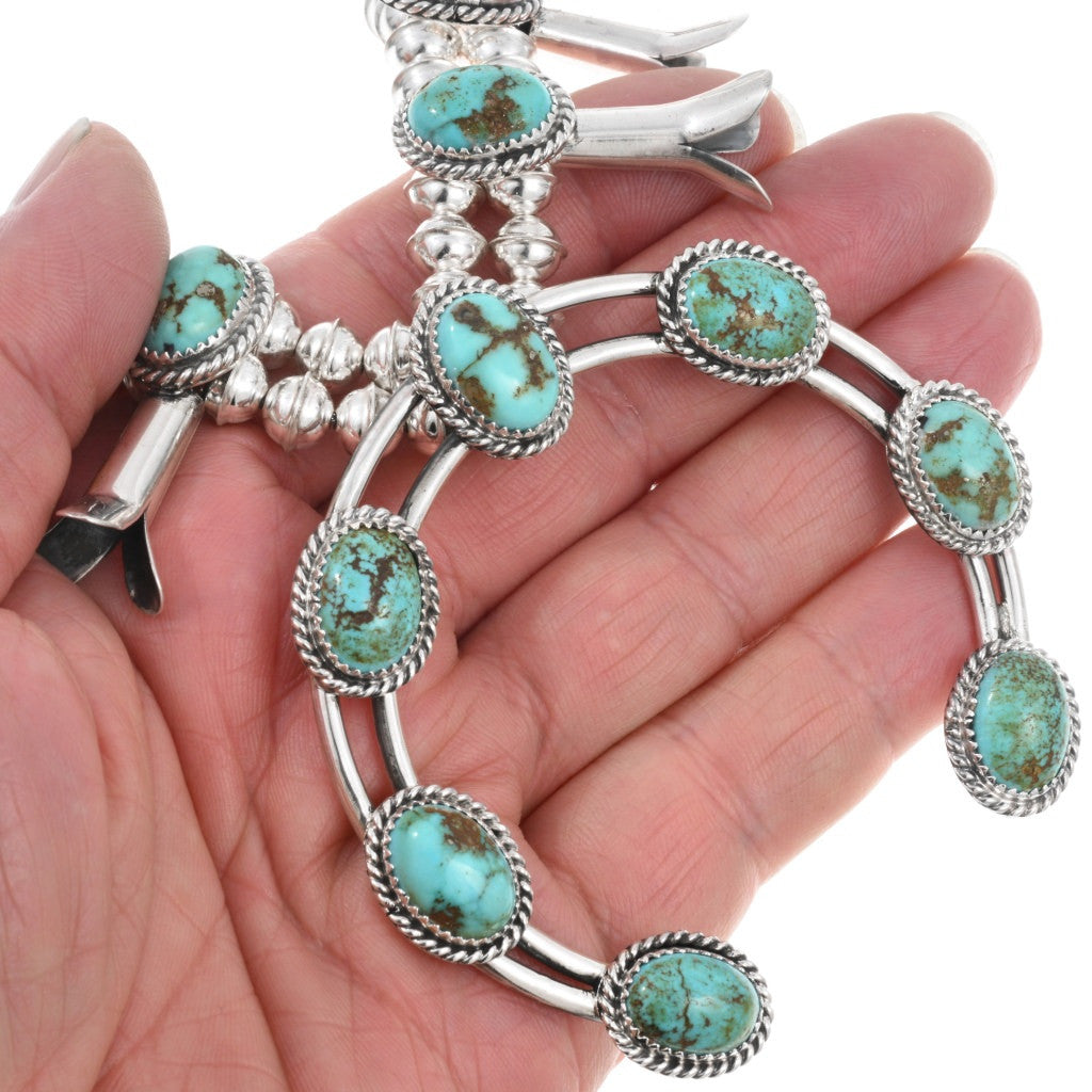 Natural Sonoran Gold Turquoise Sterling Navajo Squash Blossom Necklace