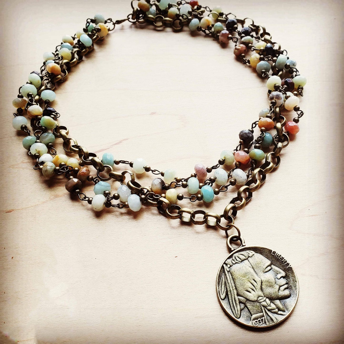 Boho necklace with Native American coin pendant