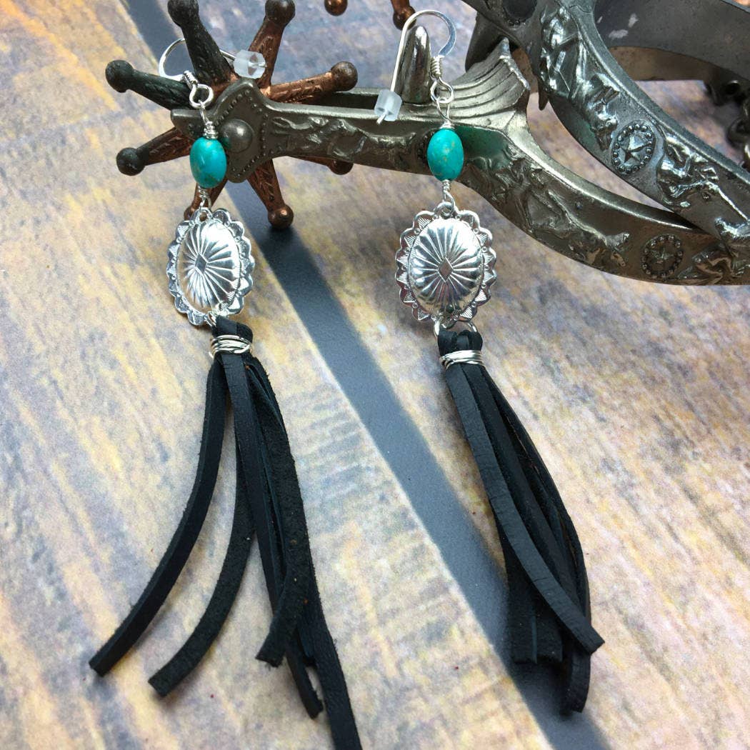 Concho and Turquoise Earrings with Leather Fringe - Quetzal