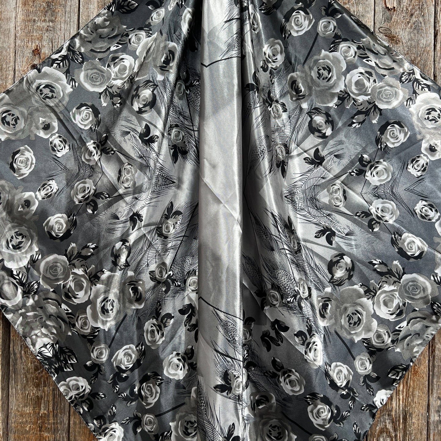 Gray floral silk scarf.
