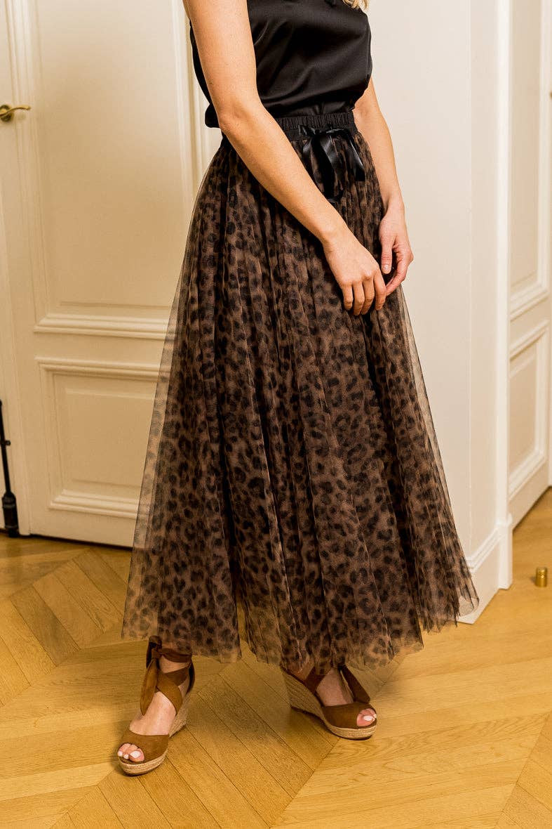Aria Long Leopard Print Tulle Maxi Skirt