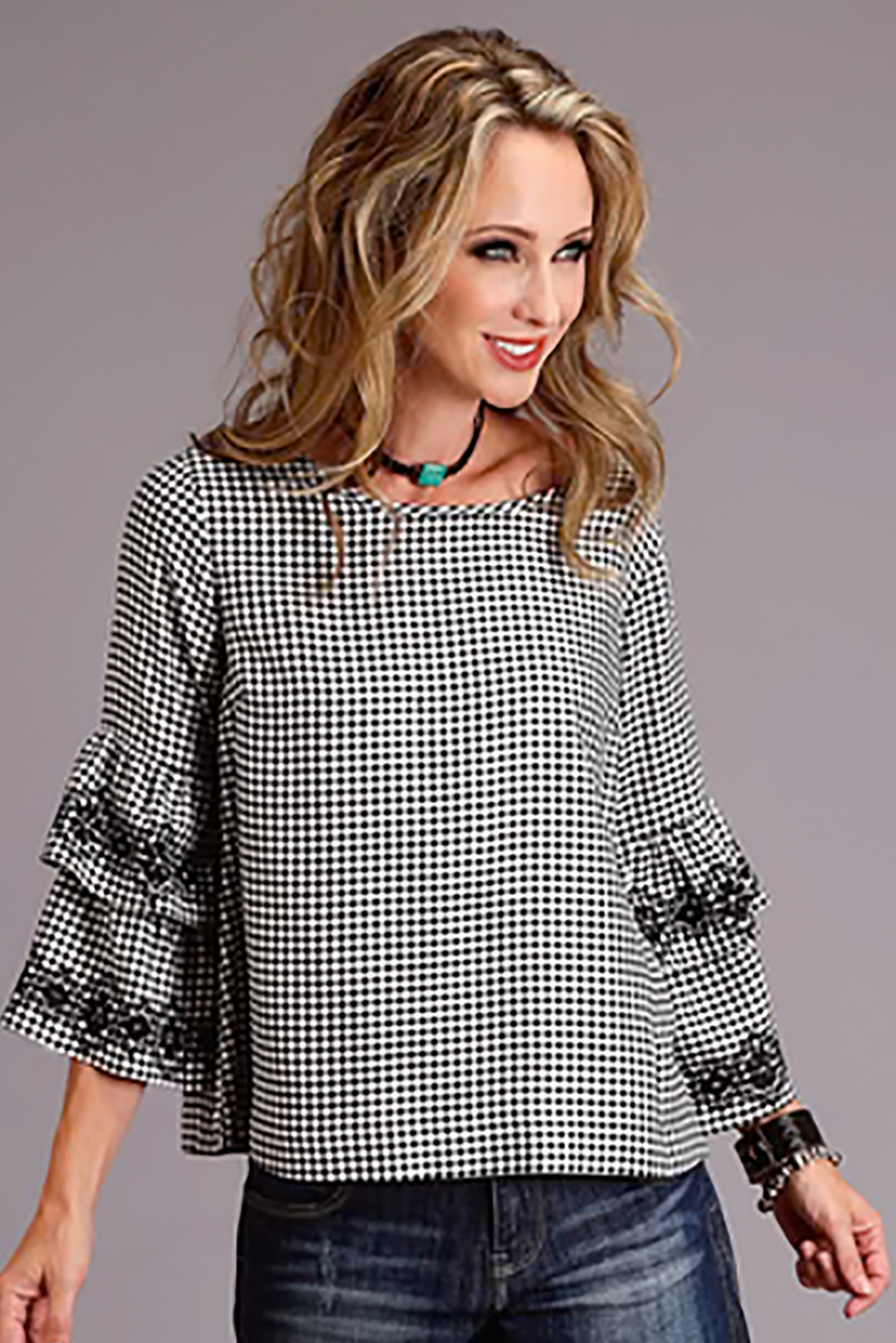Stetson Black & White Gingham Peasant Blouse
