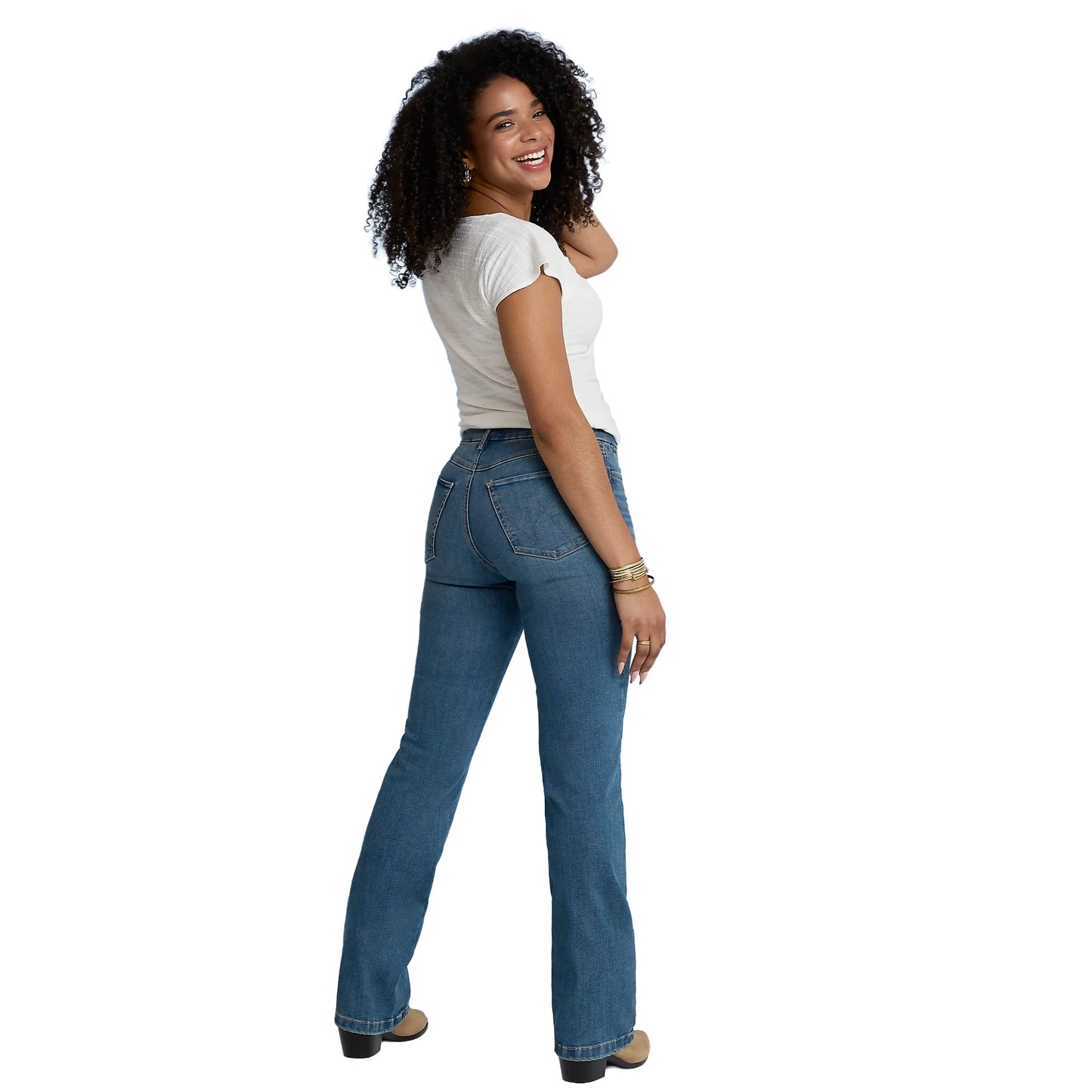 Woman in jeans and white t-shirt.