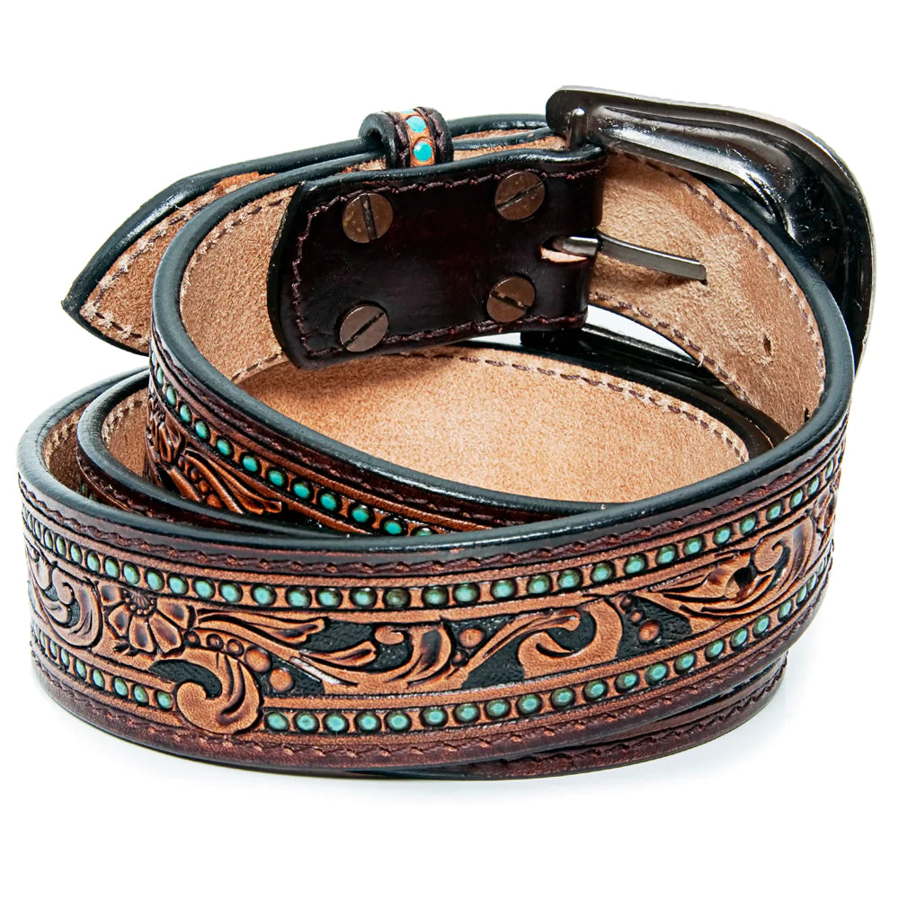 Turquoise & Black on Brown Tooled Leather Belt- Western Belts for Cowgirls