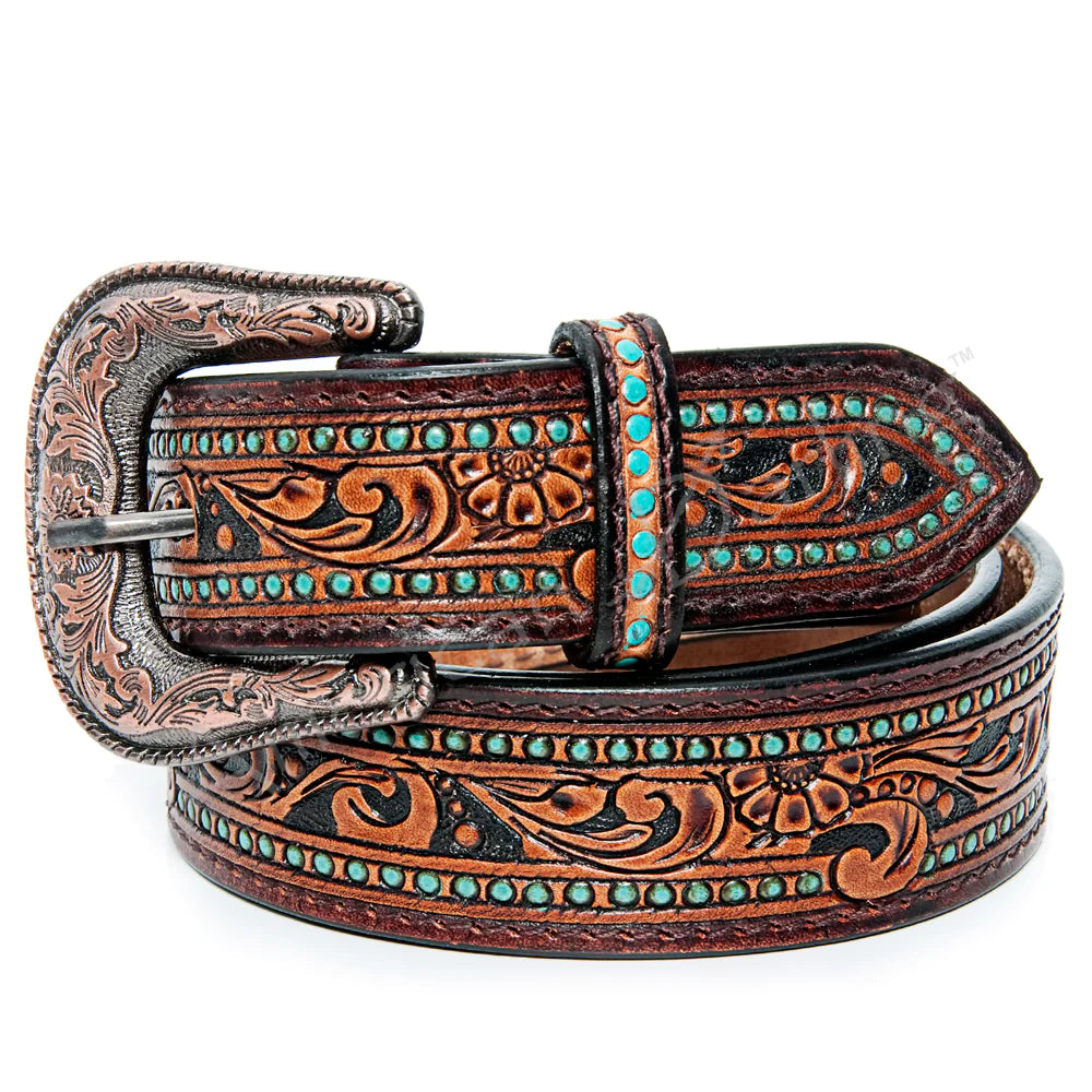Turquoise Black on Brown Tooled Leather Belt Western Belts for Cowg Bourbon Cowgirl