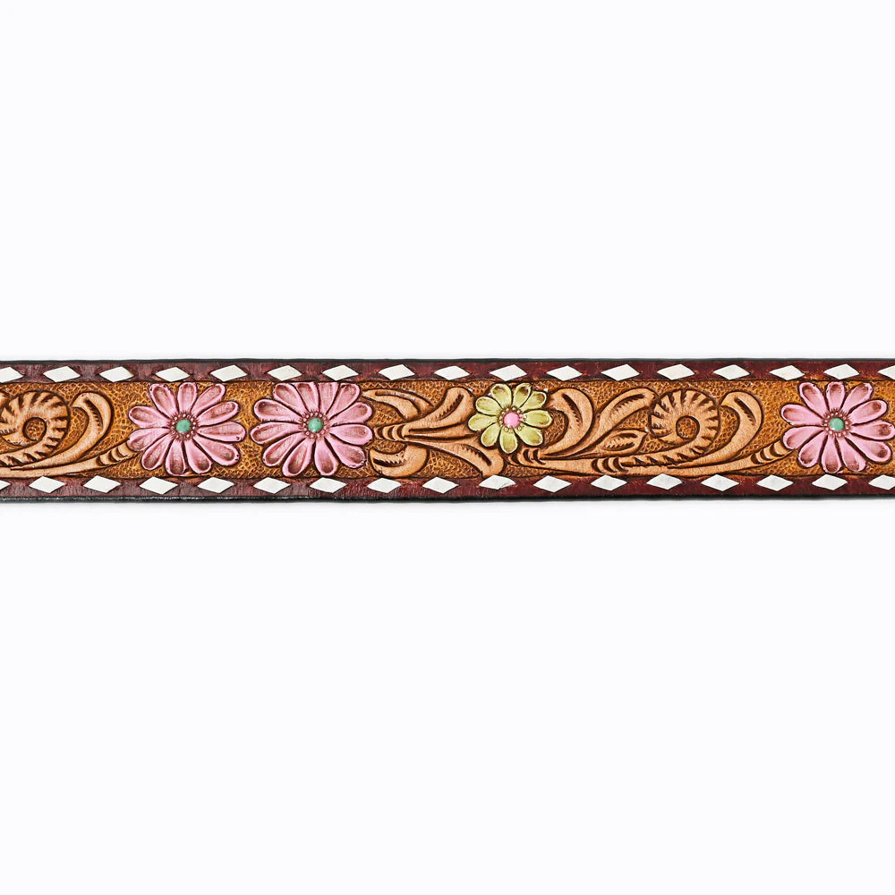 Tooled Leather Belt - Pink & Yellow Daisies With White Diamond Trim