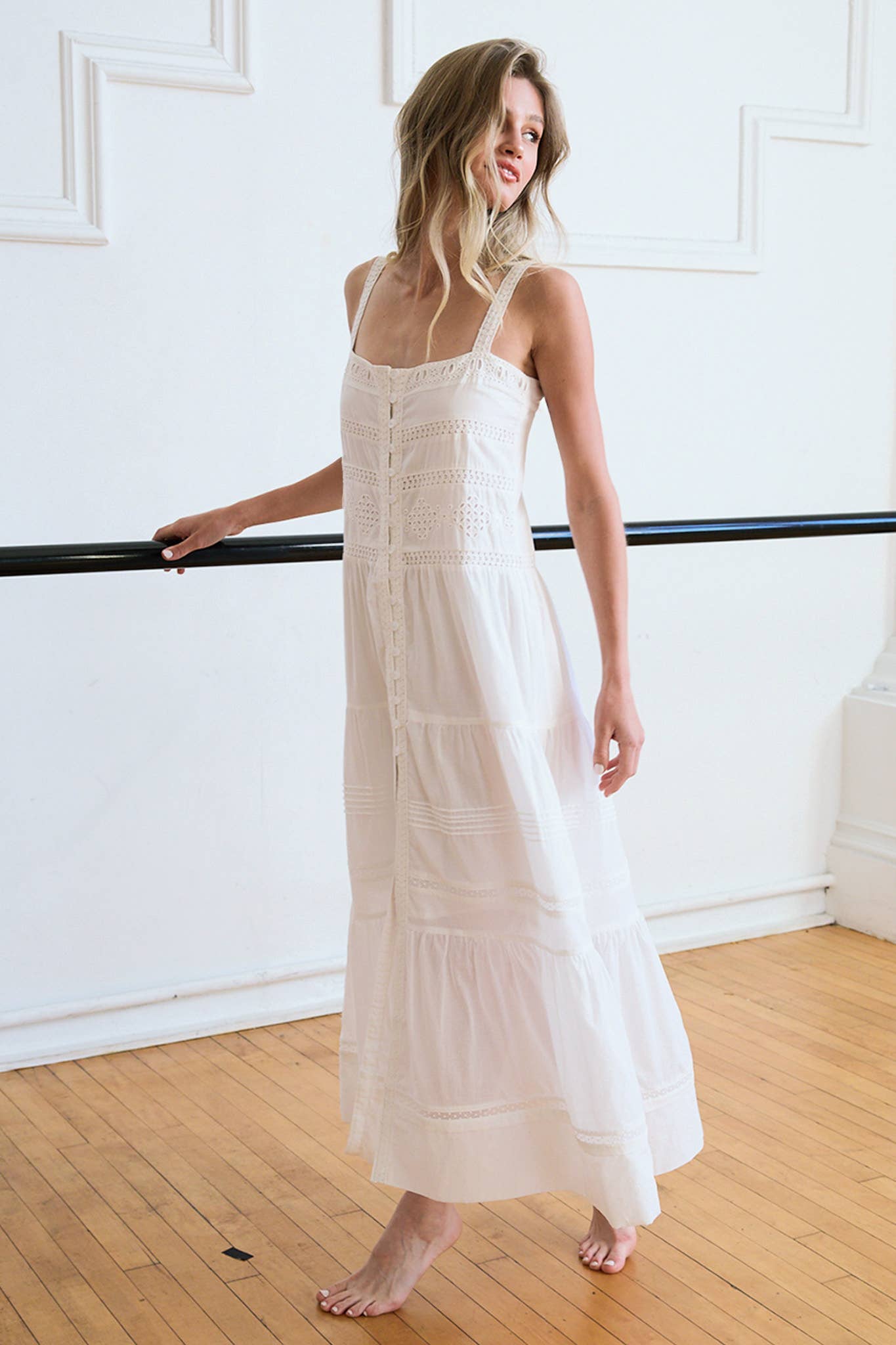 Romantic Tiered Woven Maxi with Lace Trim Dress