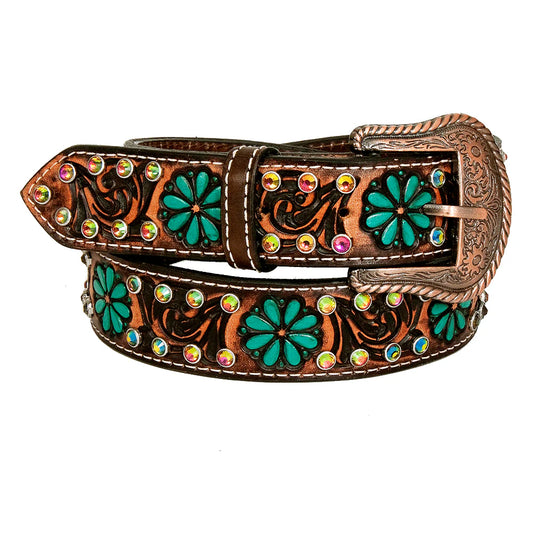 Western leather belt 128516 with turquoise flowers and rhinestones