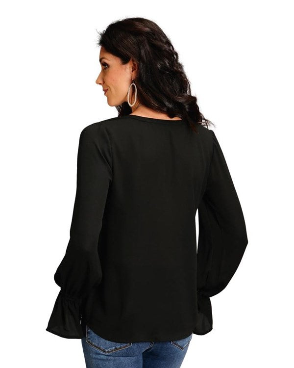 Stetson Black Crepe Blouse with Ruffle Sleeves