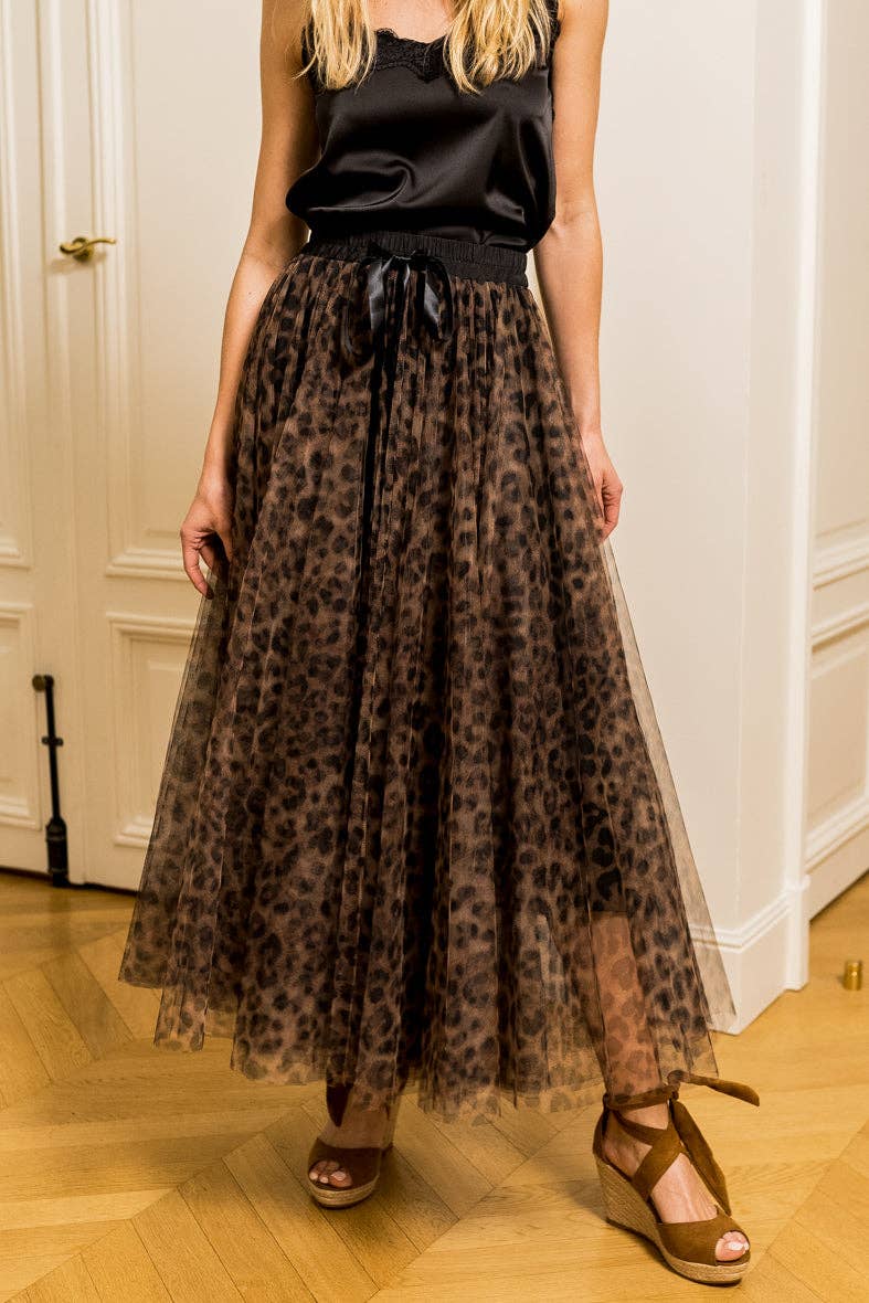 Aria Long Leopard Print Tulle Maxi Skirt