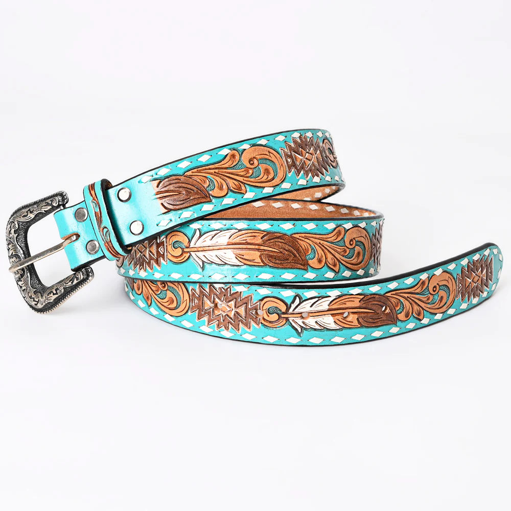 Turquoise Aztec & Feathers Tooled Leather Belt- Western Belts for Cowgirls