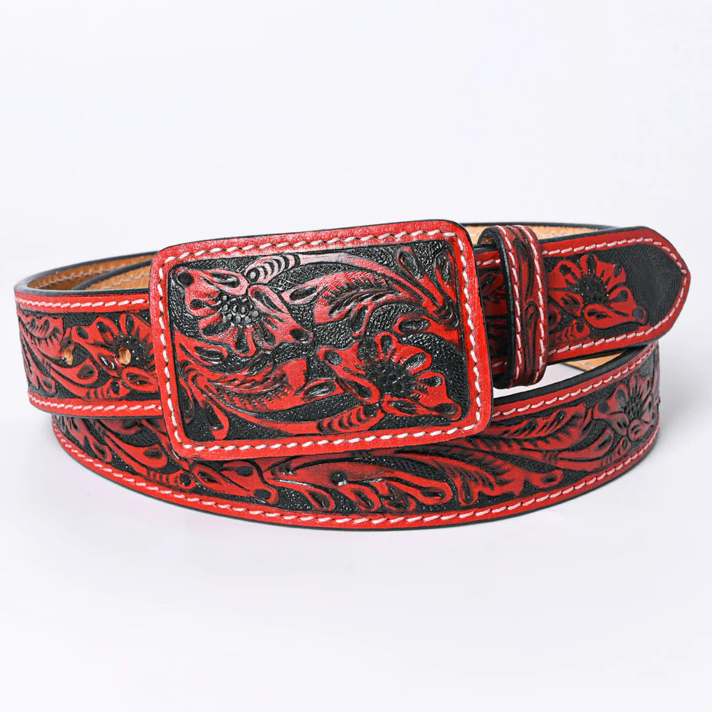 Red floral tooled leather belt
