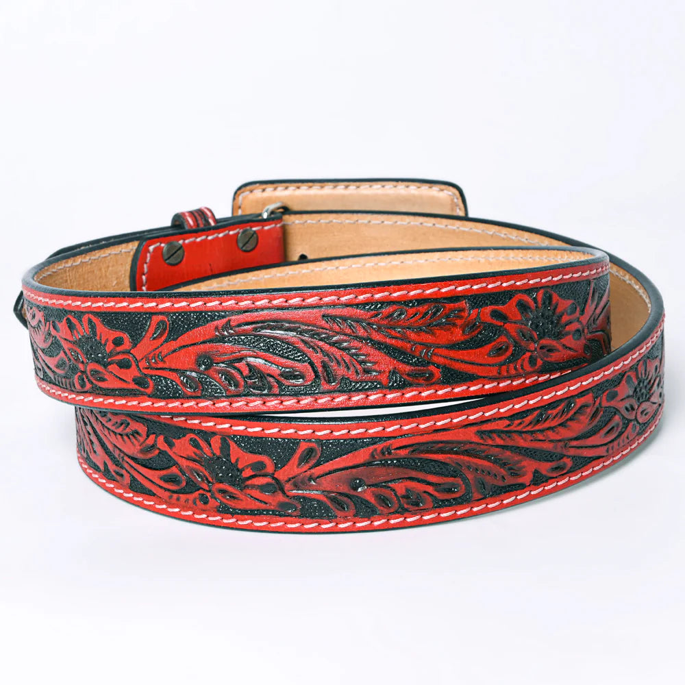 Red and black tooled leather belt (141908)