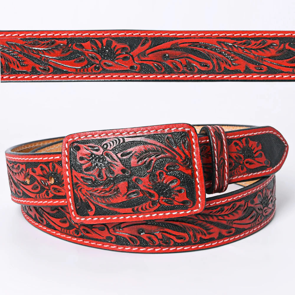 Red floral tooled leather belt