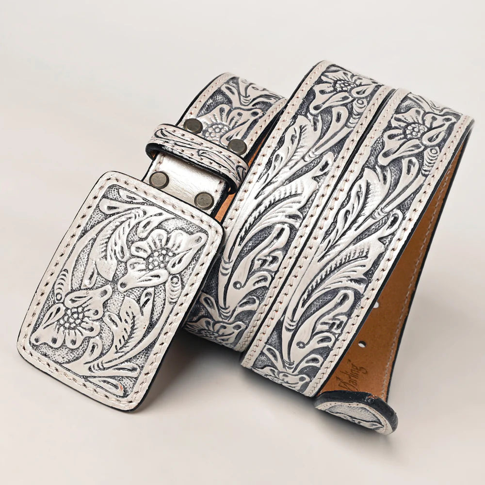 White floral embossed leather belt