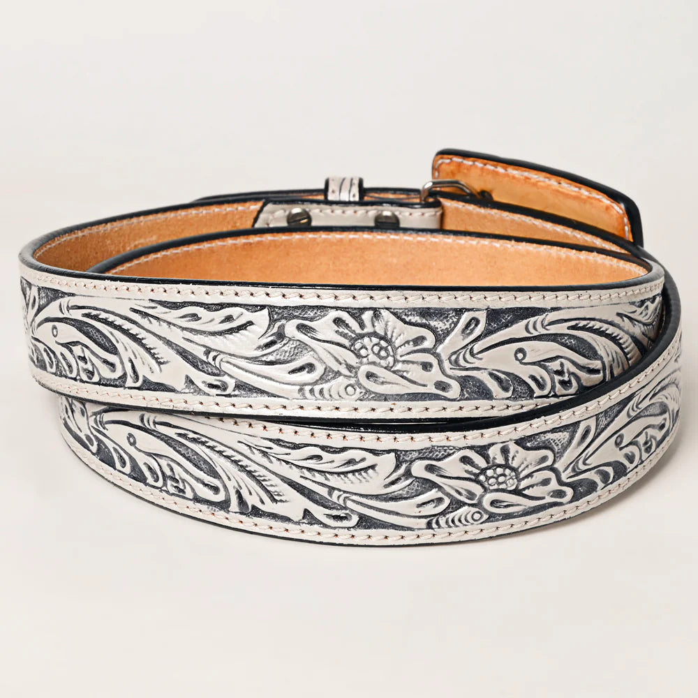 Silver floral tooled leather belt