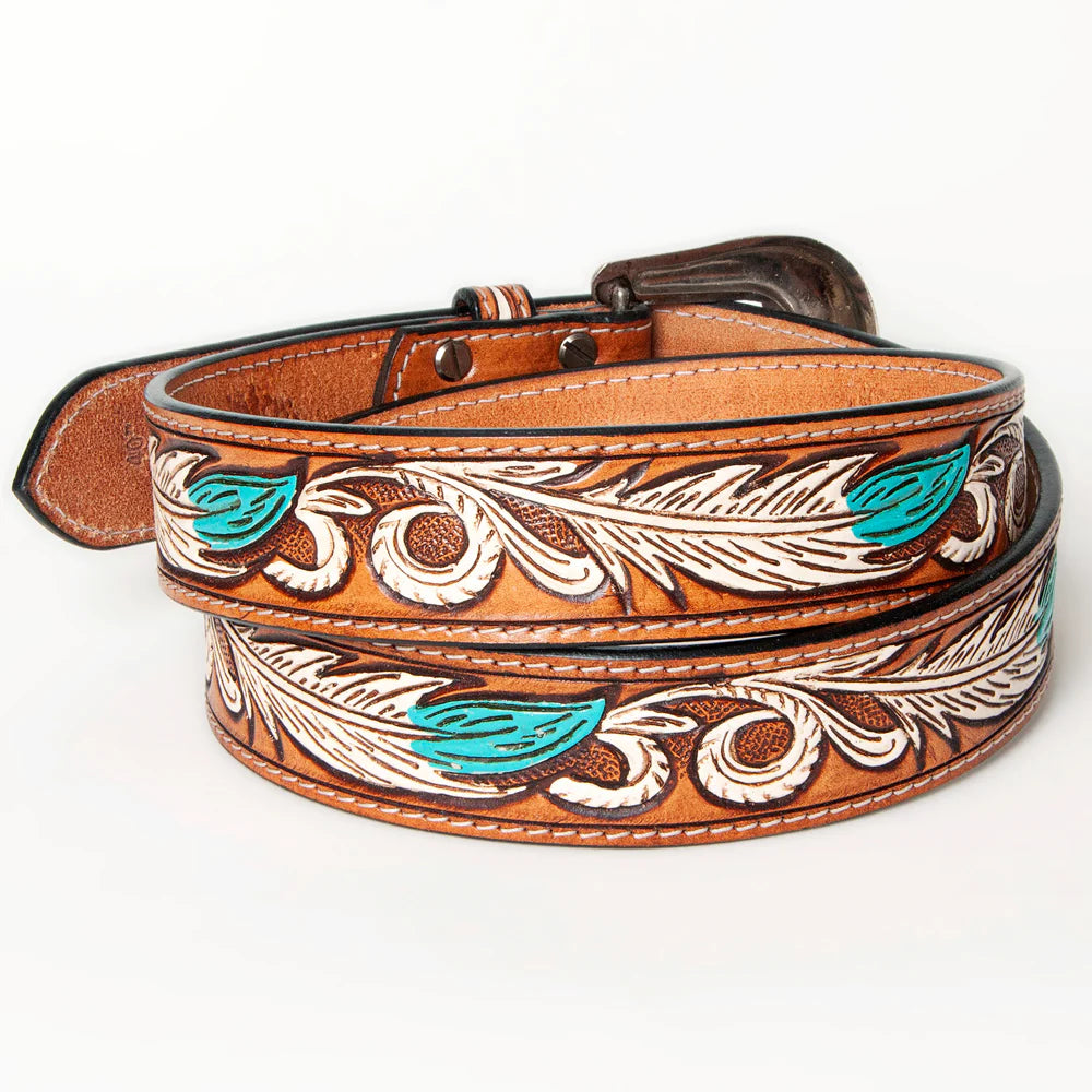 Leather belt with turquoise feather design (143704-v)