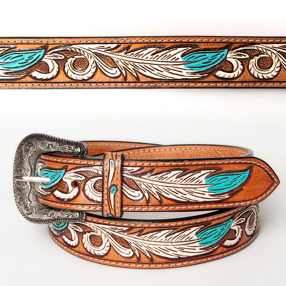 Leather belt 143704 with turquoise feather design