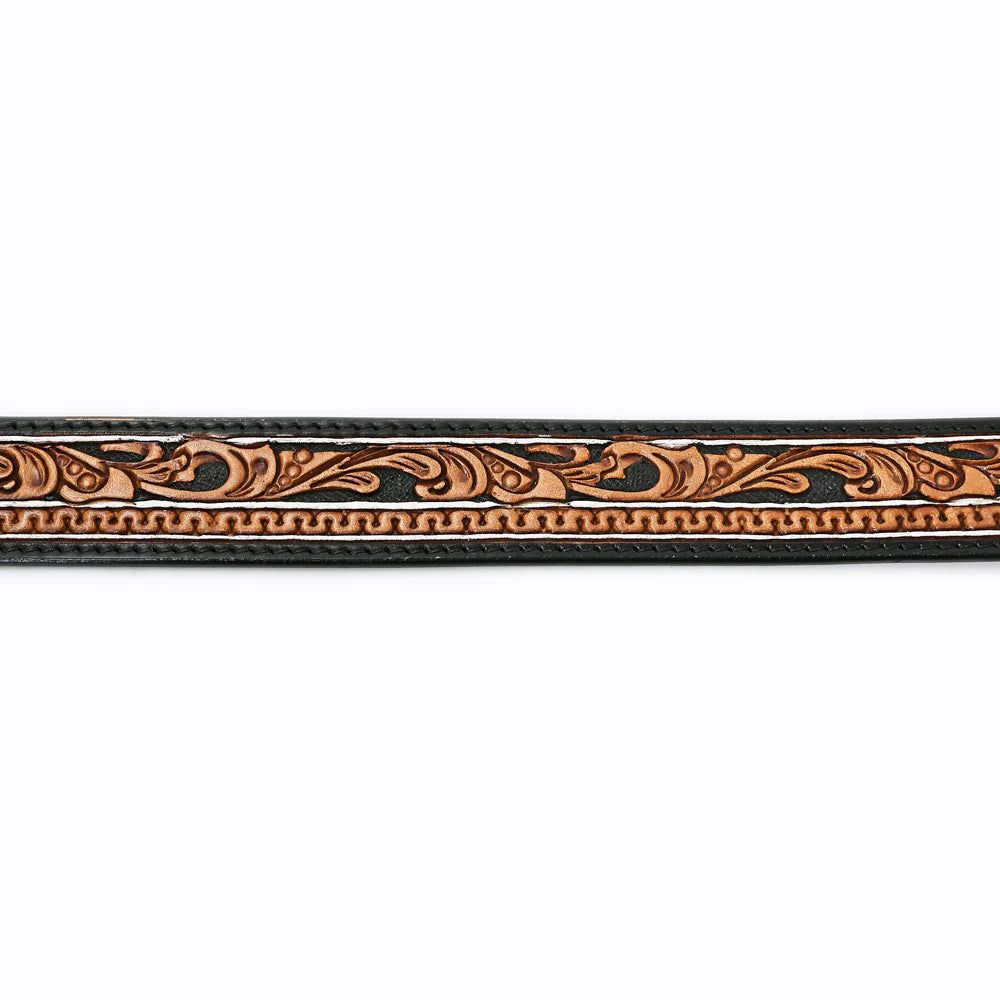 Leather belt detail with floral tooling