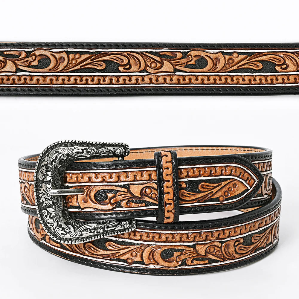 Tooled leather belt 143706-y with silver buckle