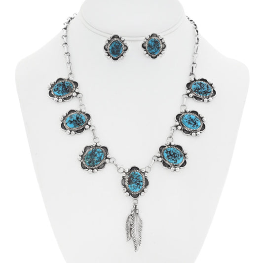 Silver Navajo necklace & earrings with Kingman turquoise