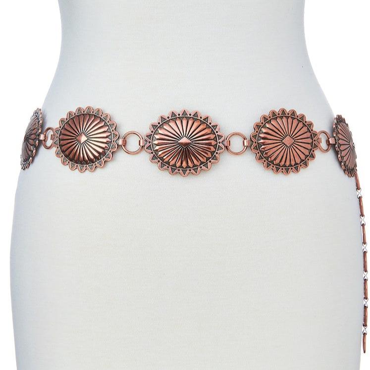 Copper-colored belt with decorative oval medallions.