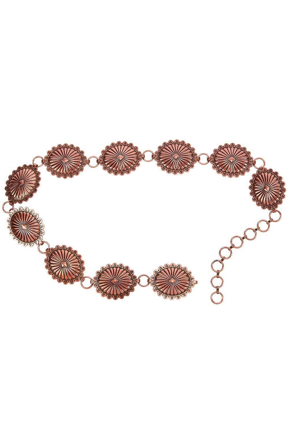 Copper-colored belt with oval flower-shaped links.