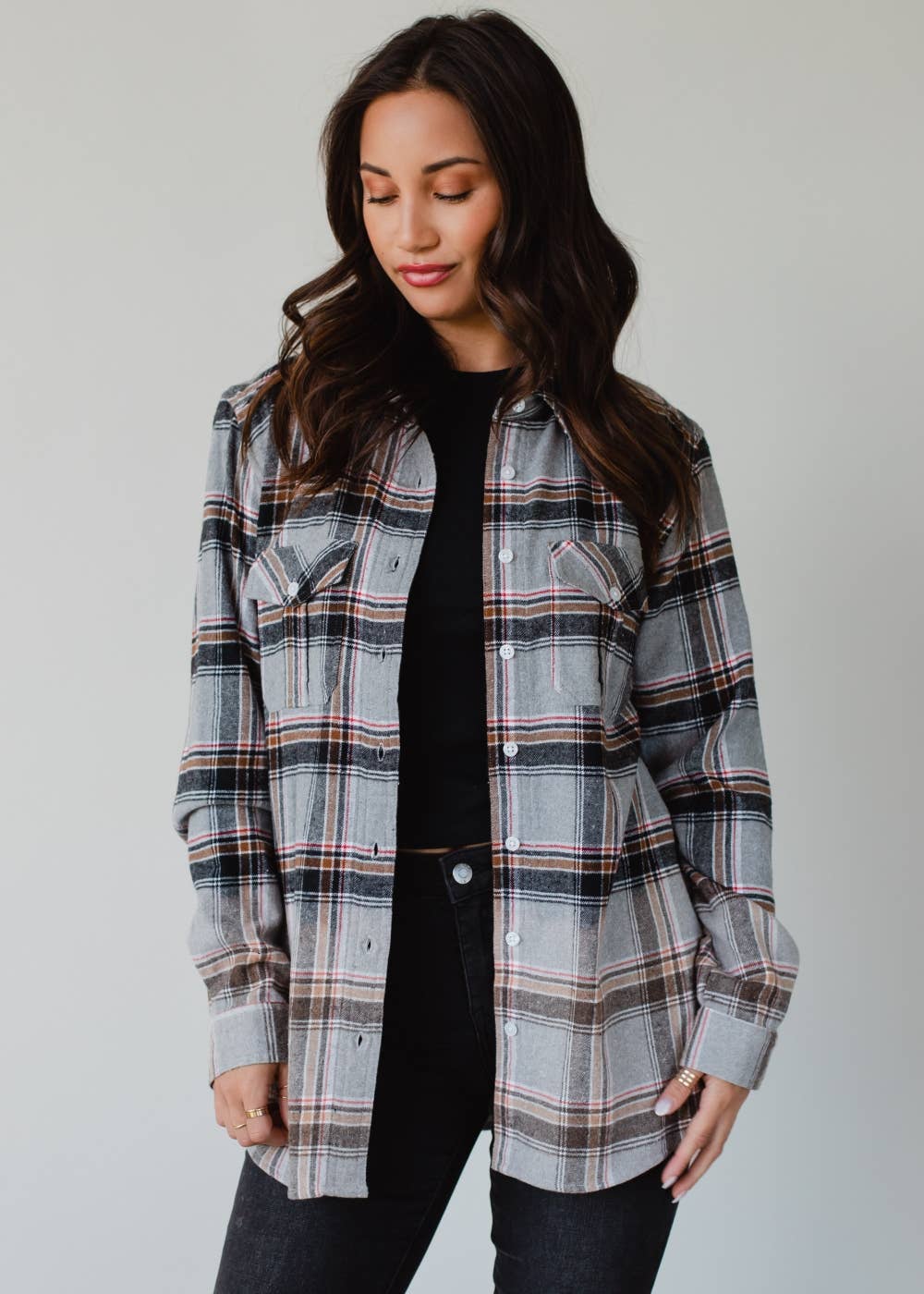 Gray, Red, Camel & Black Plaid Flannel Shirt for Western Women