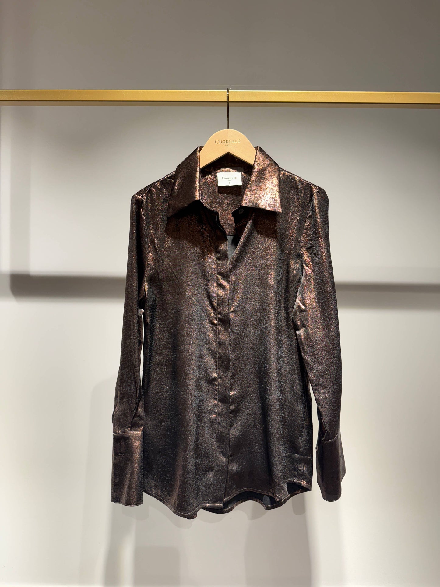 Léa Shiny Metallic Button Up Shirt in Brown