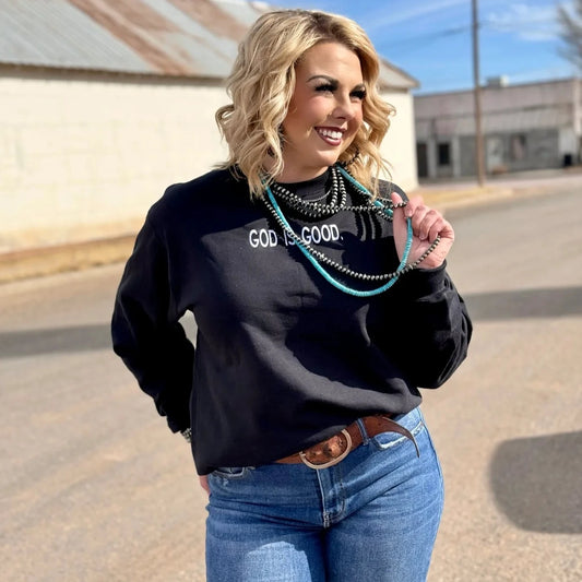 Woman in God is Good shirt smiling, 1800x1800