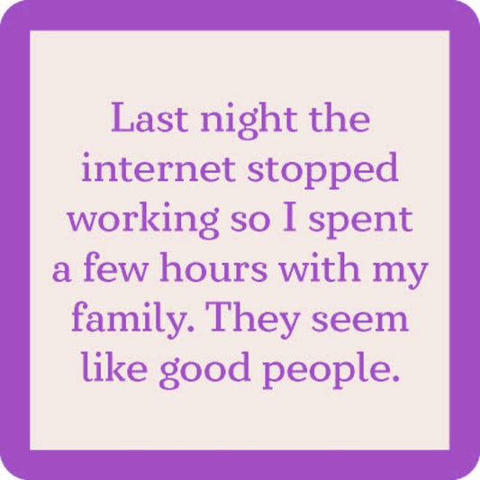 Purple and cream square with text about family time.