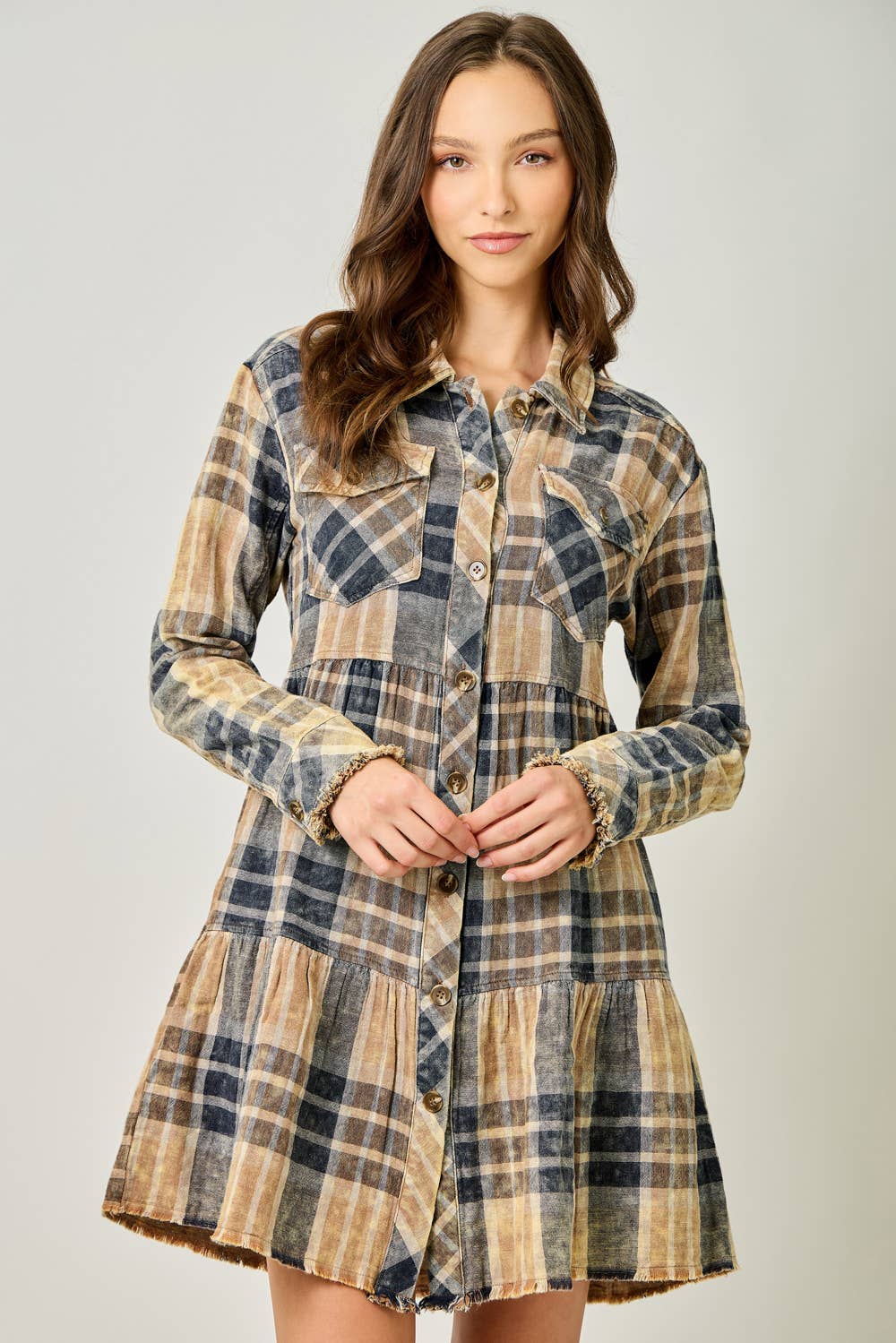 Acid Washed Tiered Coat Dress