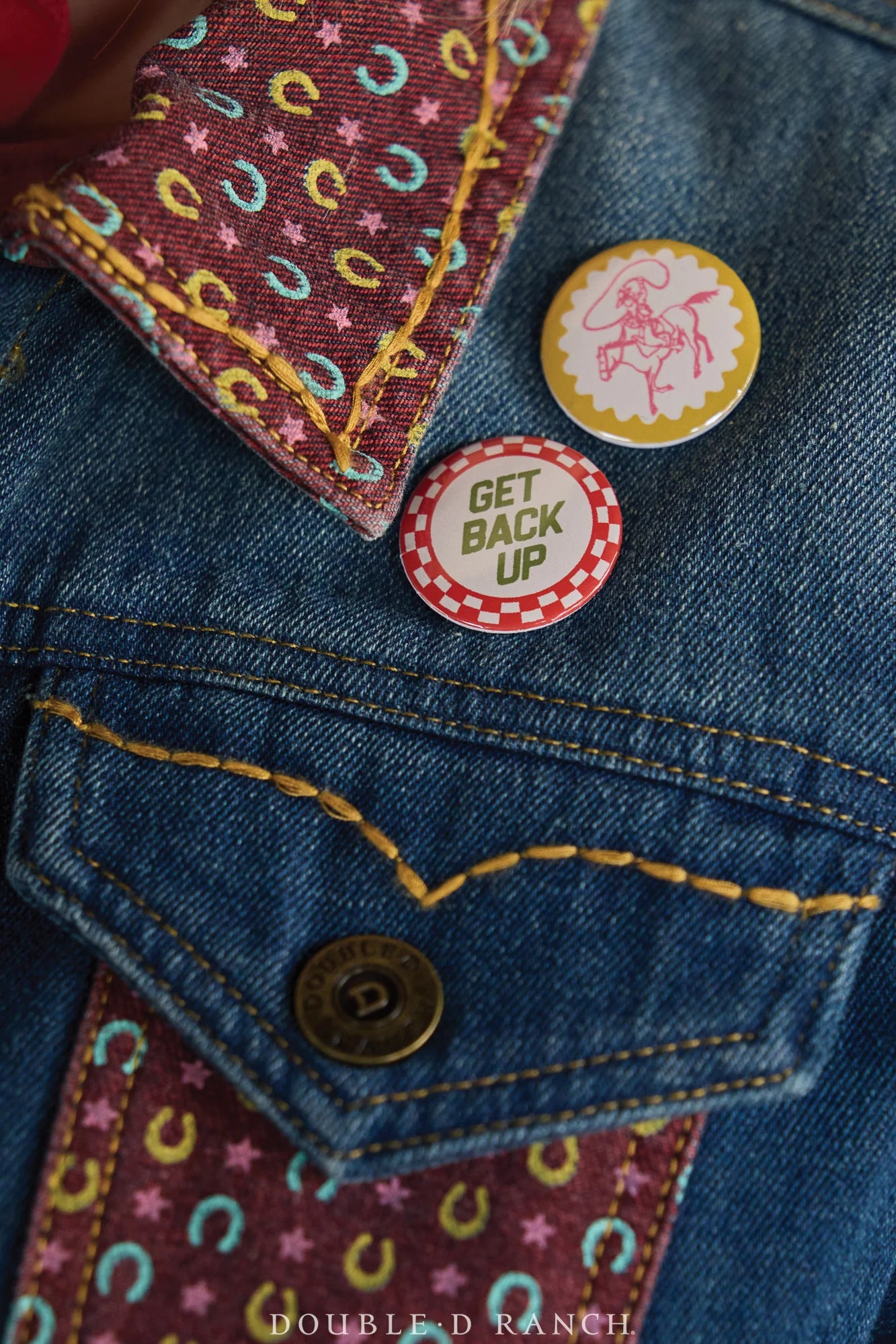 Country Club Denim jacket with Get Back Up button.