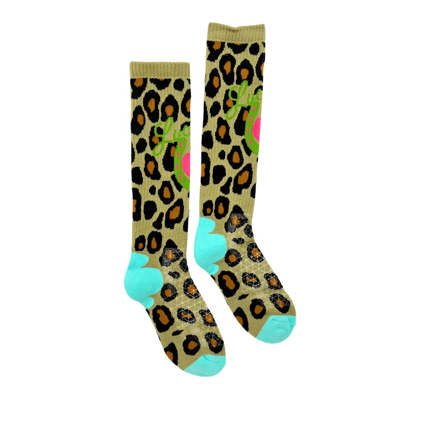Leopard print socks with avocado design