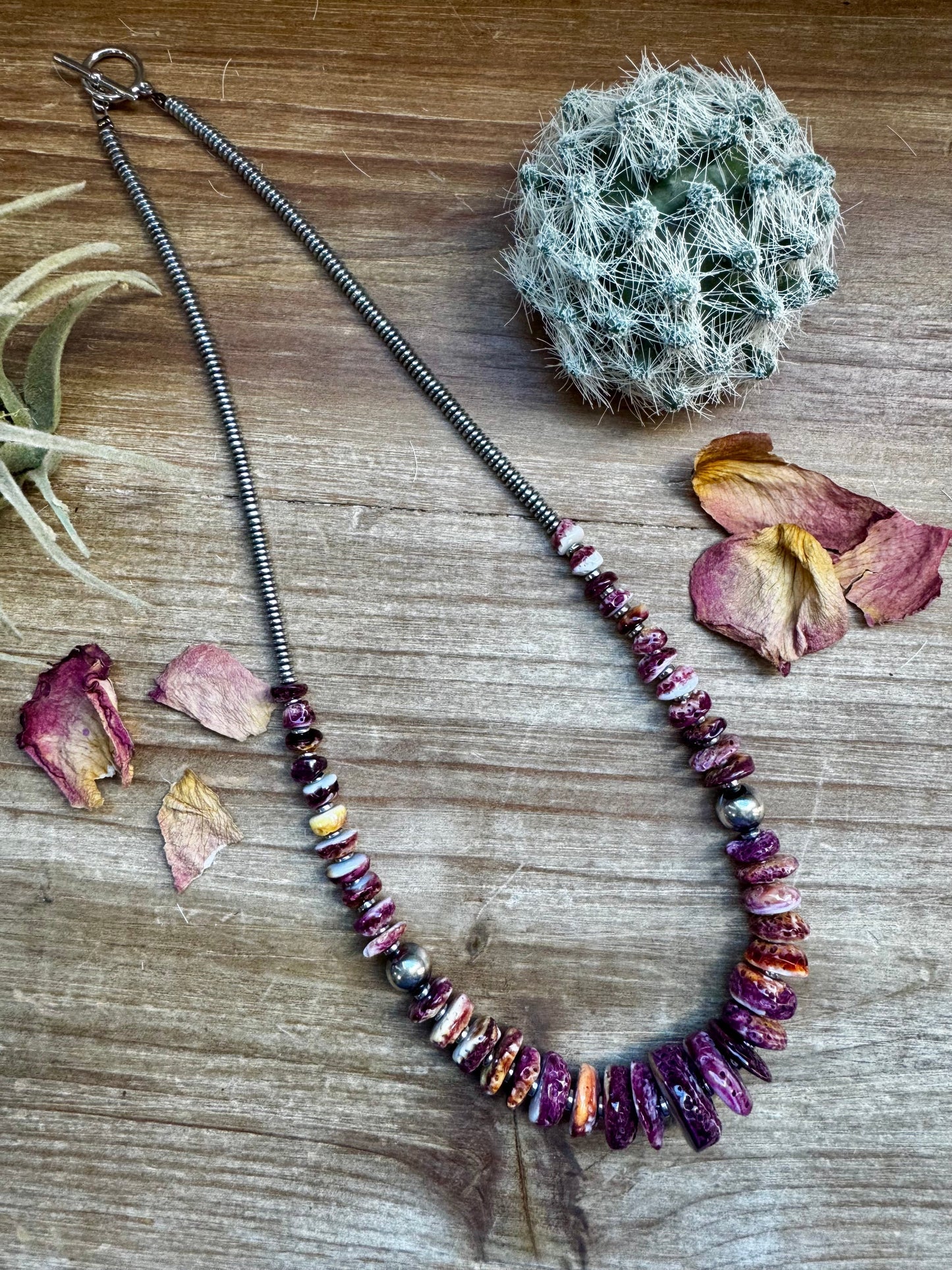 Purple stone necklace with cactus on wood
