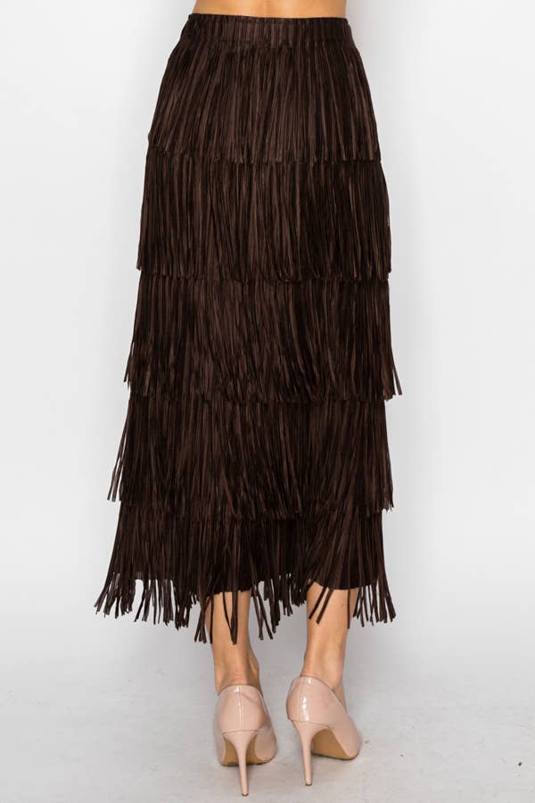Layered Fringe Tiered Brown Maxi Skirt