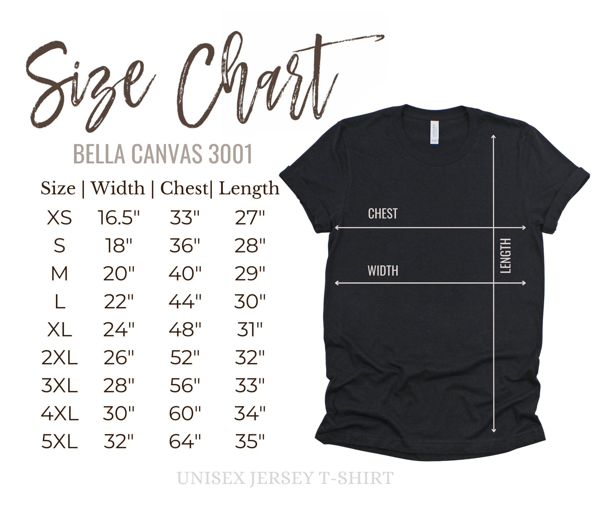 Bella Canvas 3001 Black T-Shirt Size Chart