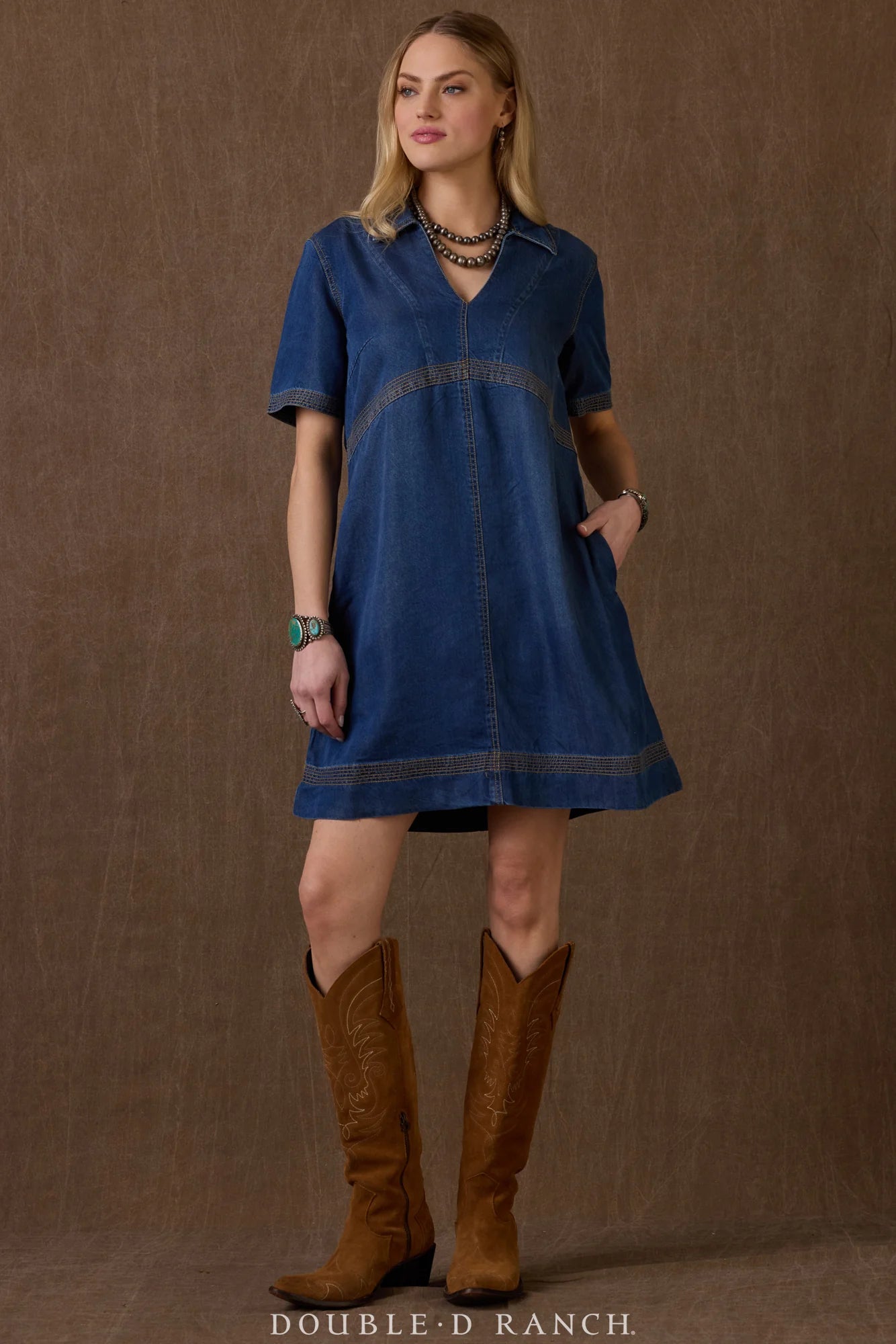 Remuda short denim dress with brown boots