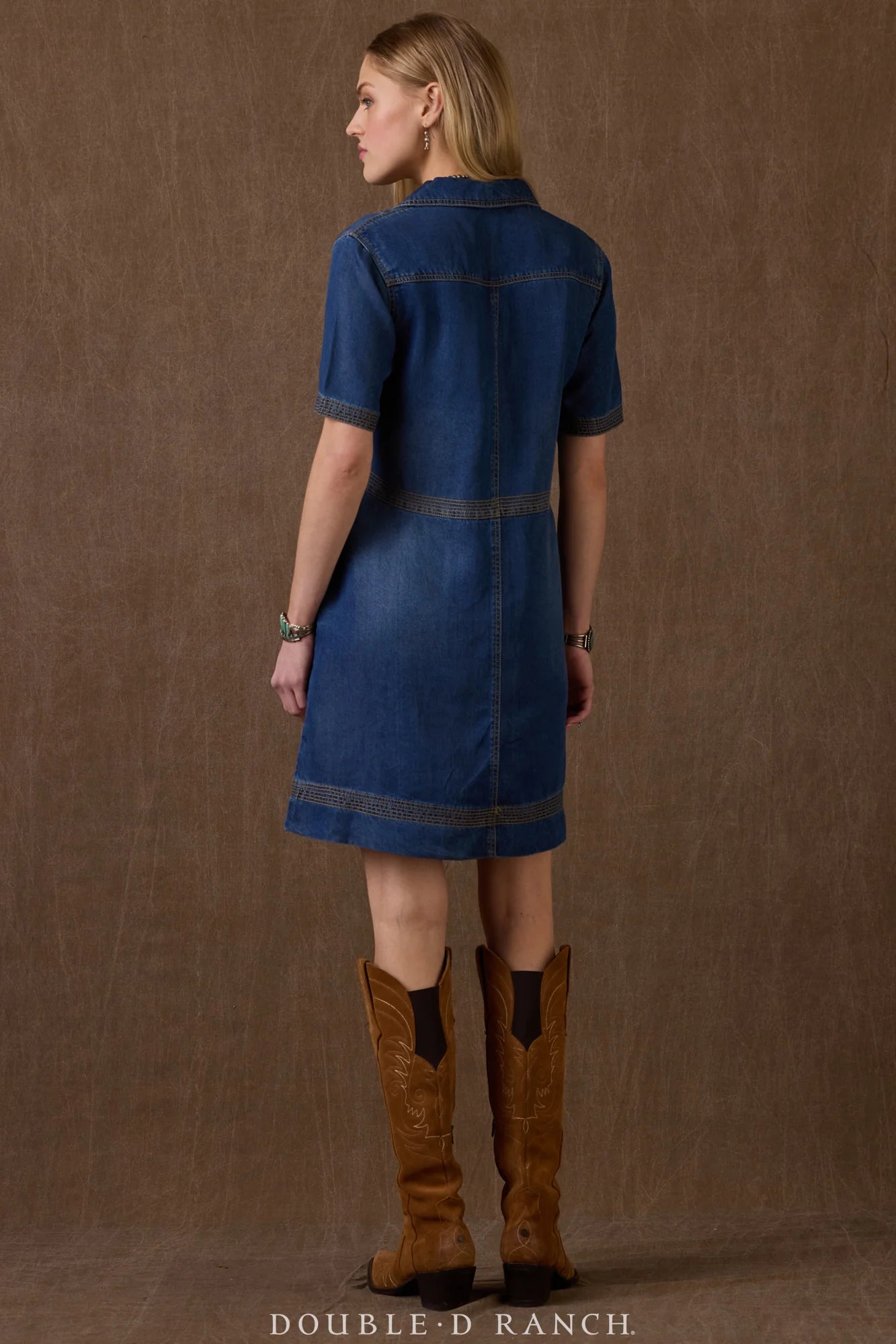 Remuda short denim dress on model
