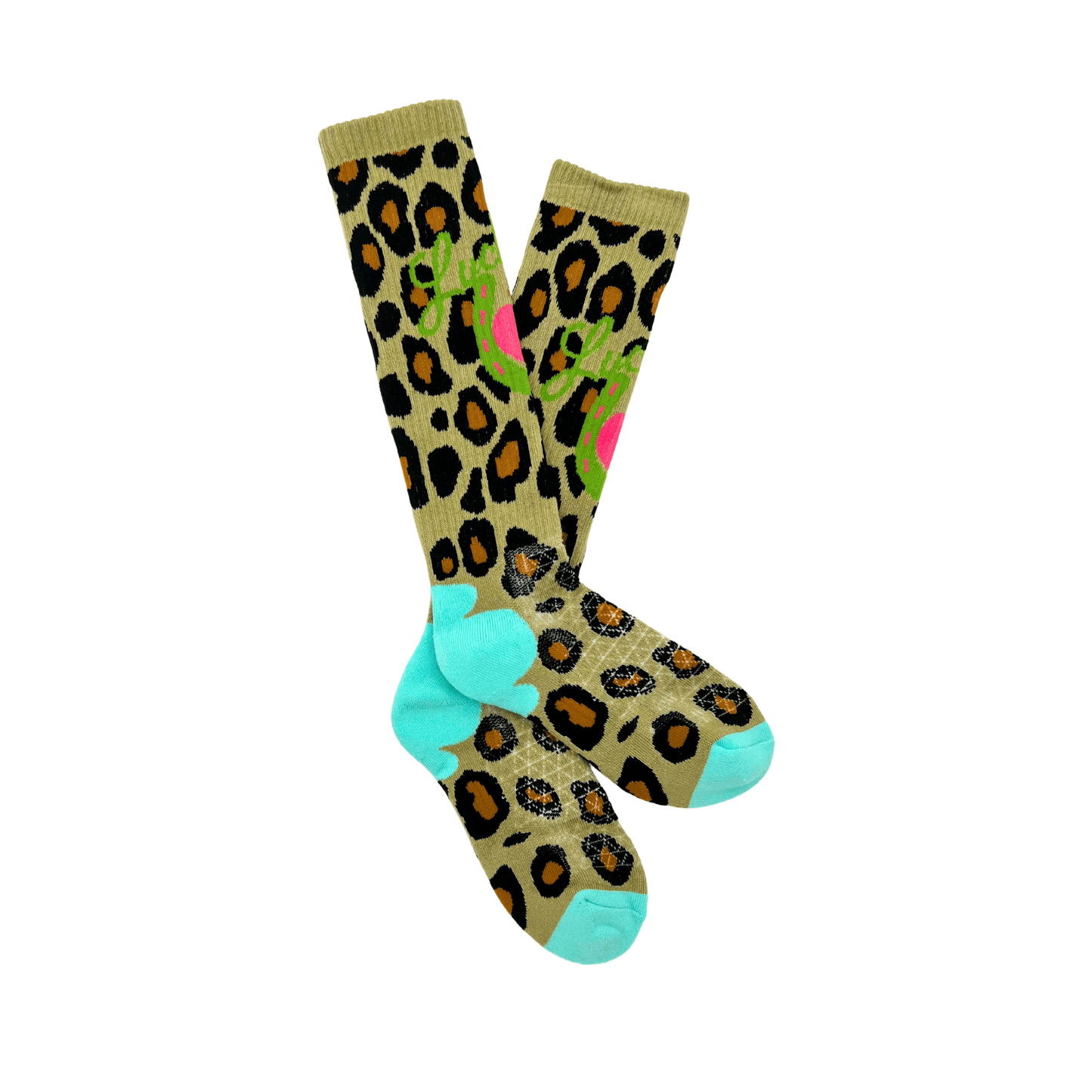 Leopard print socks with green and teal accents