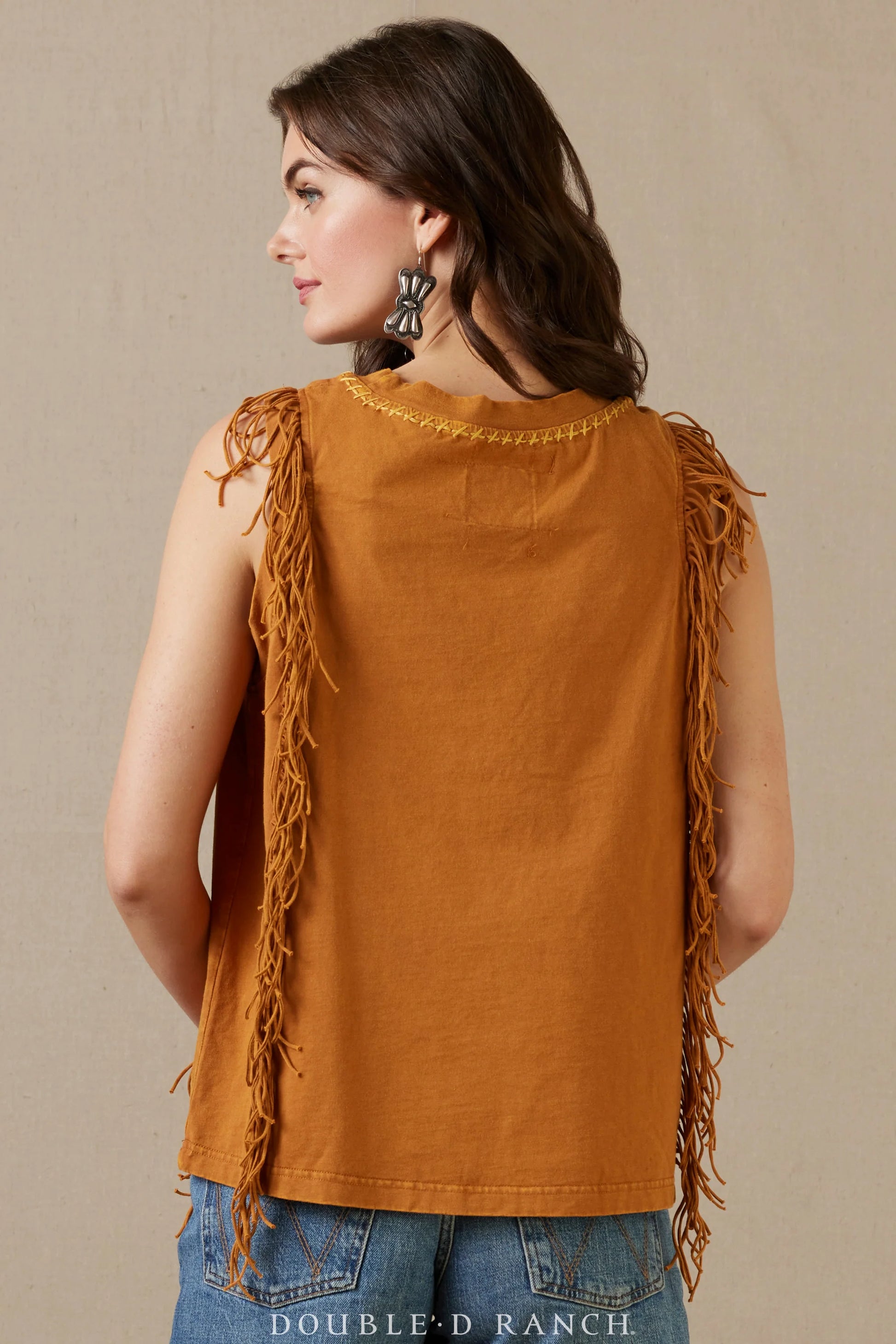 Stirrup Social Club Top, 2012, with fringe, mustard color