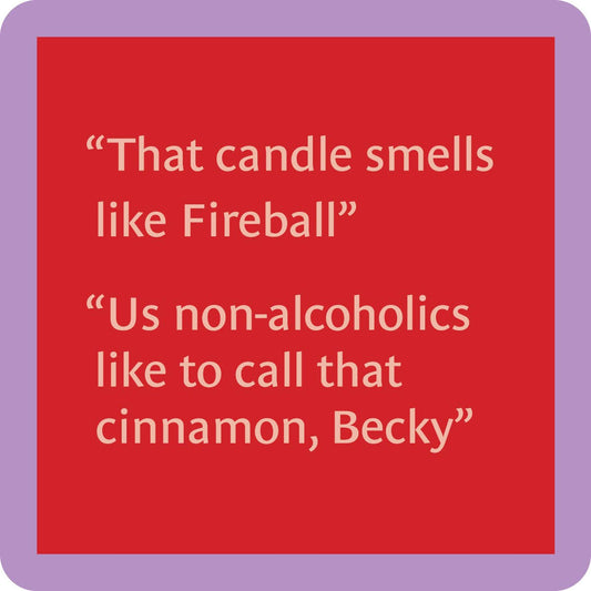 Red square with text about a candle smelling like cinnamon.