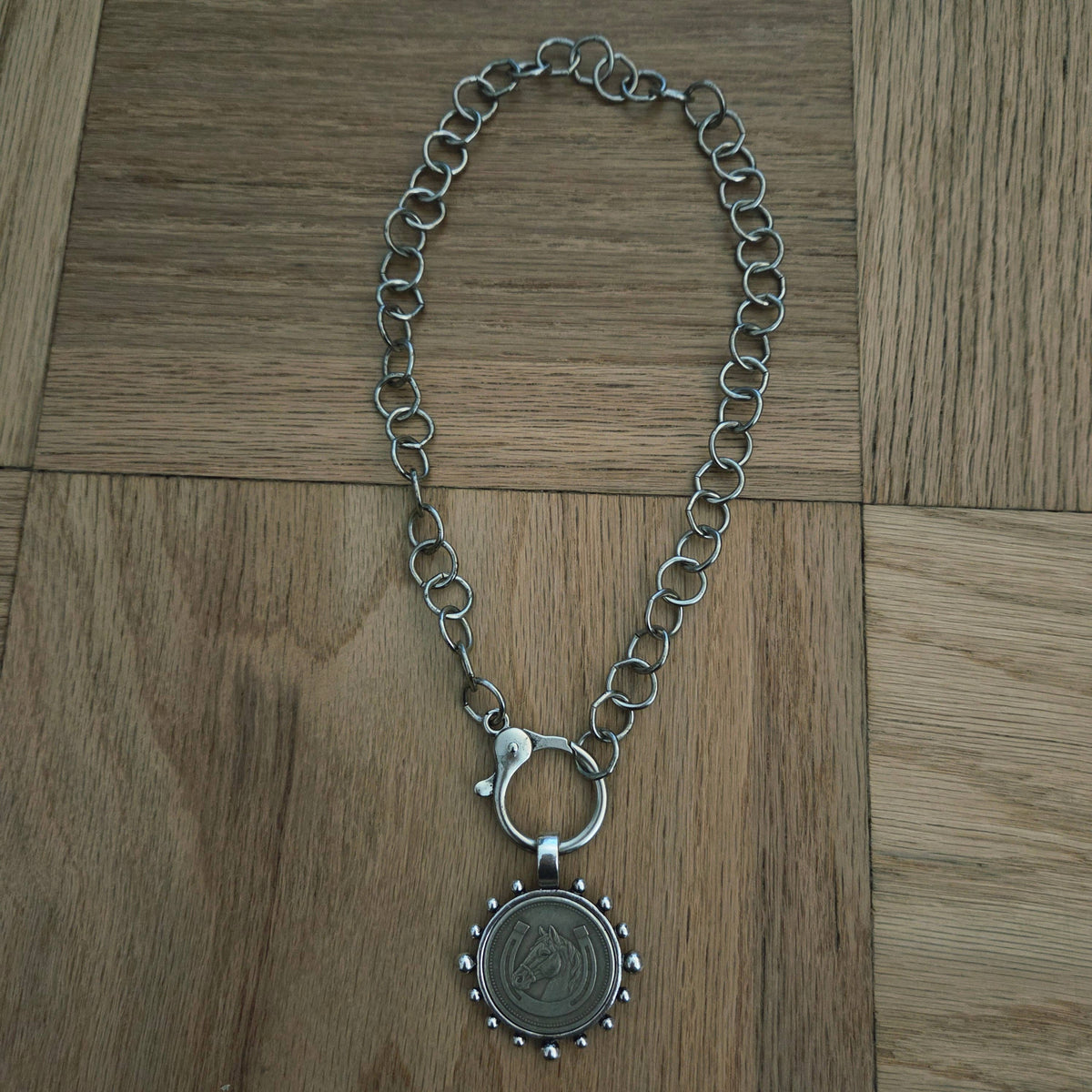 Horse with Horseshoe Coin in Bezel Chain Necklace