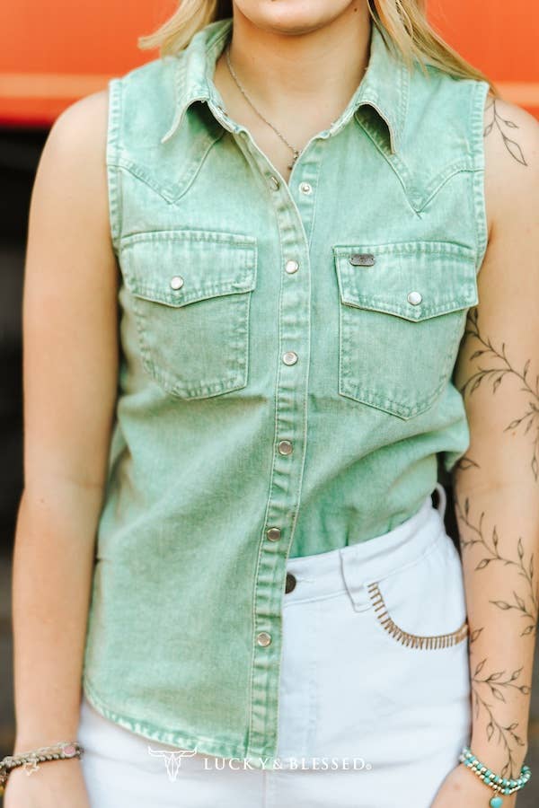 Jade Denim Mineral Wash Sleeveless Pearl Snap Top