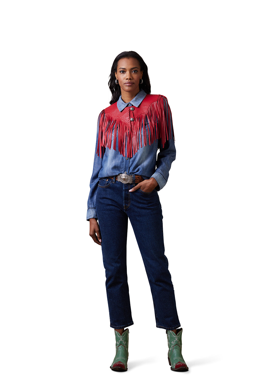Sonora Collar fringe shirt & denim jeans