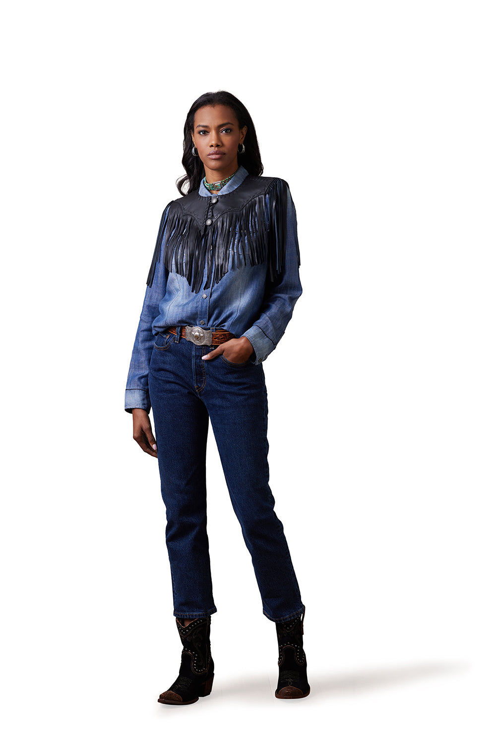 Sonora Collar denim shirt and jeans on woman