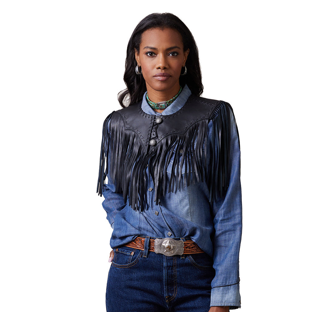 Sonora Collar leather fringe detail on denim shirt