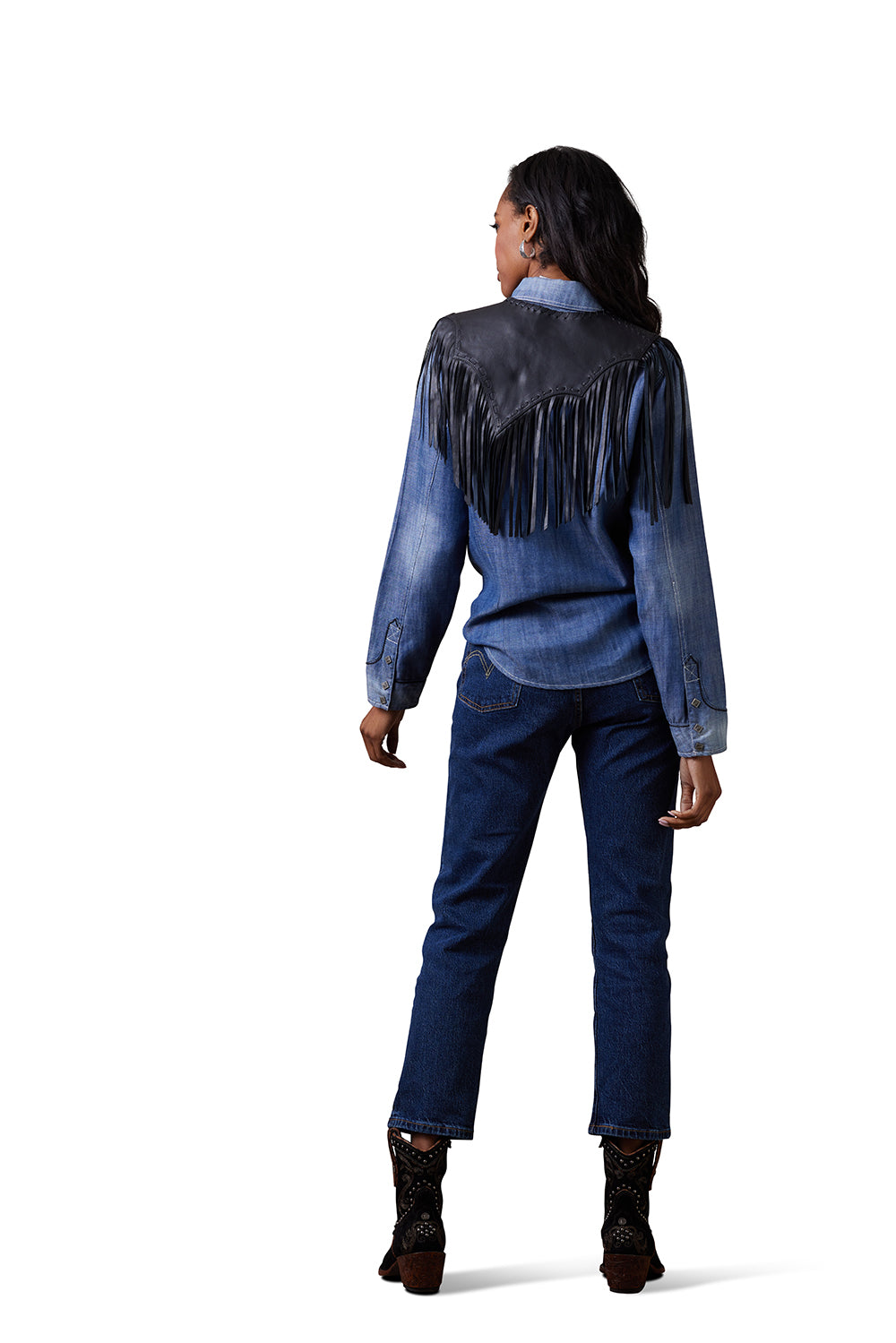 Sonora Collar denim shirt with black fringe