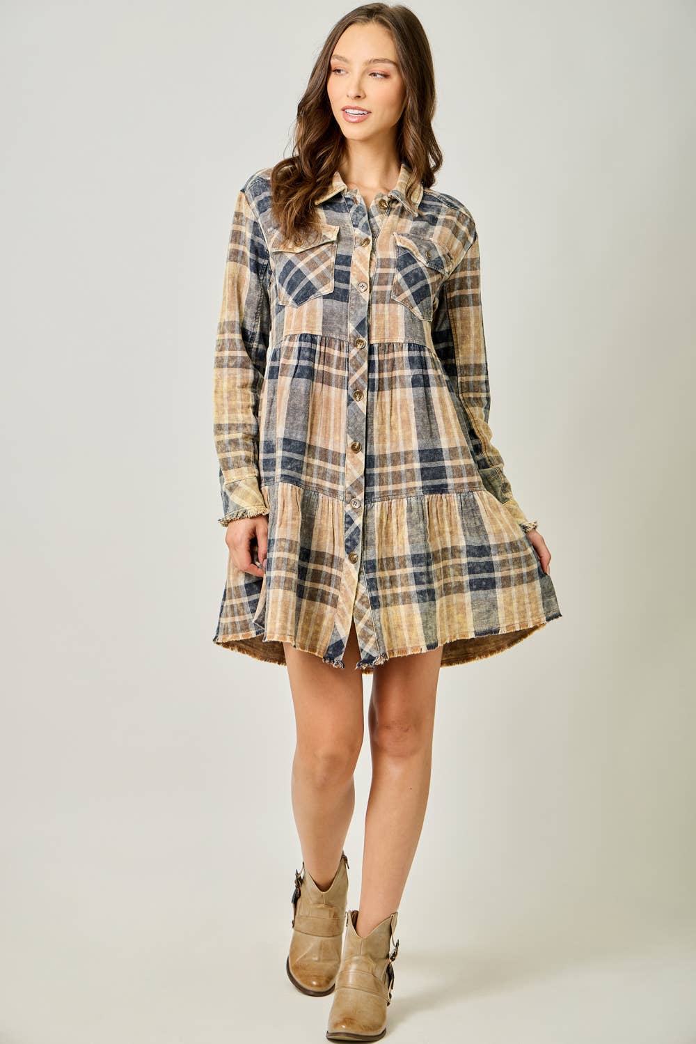 Acid Washed Tiered Coat Dress