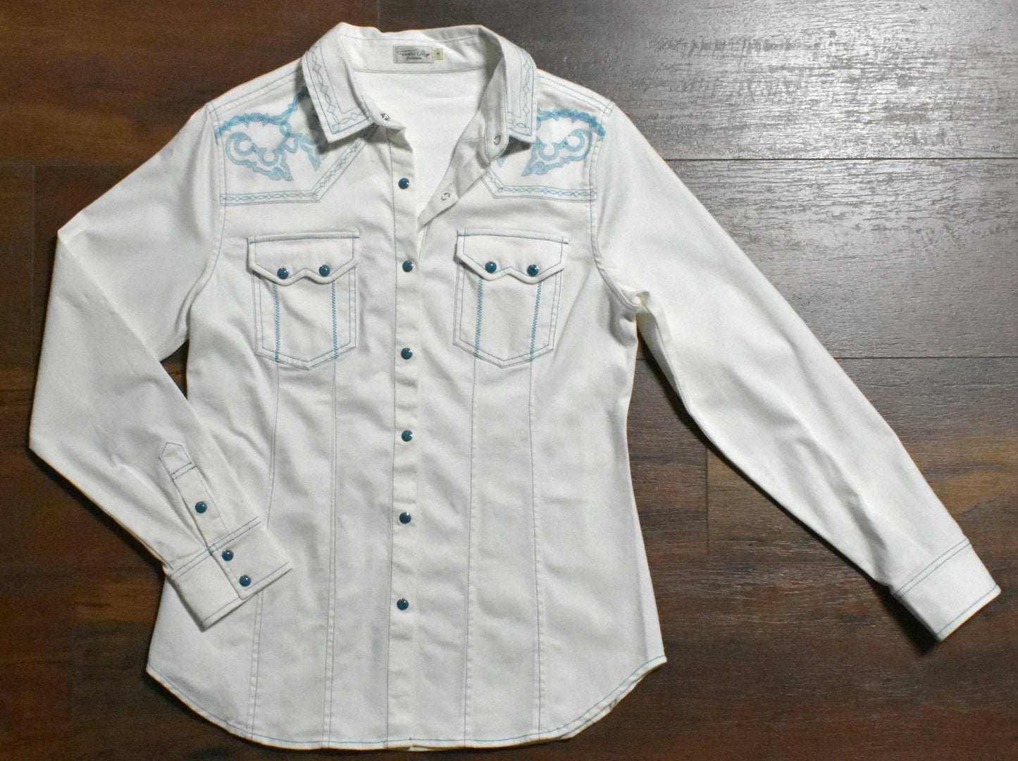 Rebel Shirt - White Western Shirt with Blue Stitching